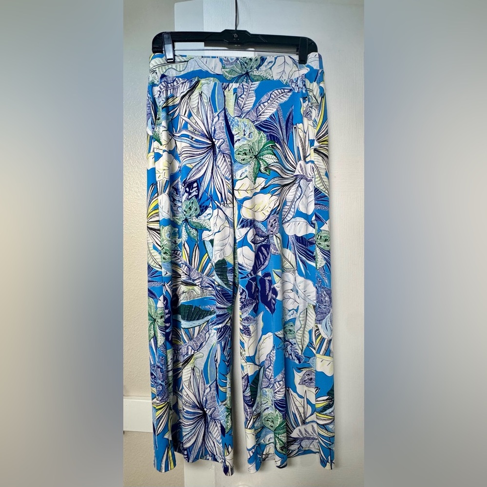 White House Black Market Blue Tropical Floral Cropped Palazzo Pants, Size Small